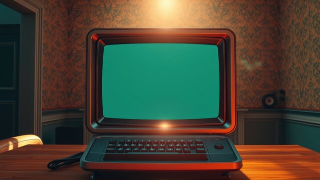 Vintage computer sits on wooden surface. Dim room features patterned wallpaper, soft lighting creates moody atmosphere.