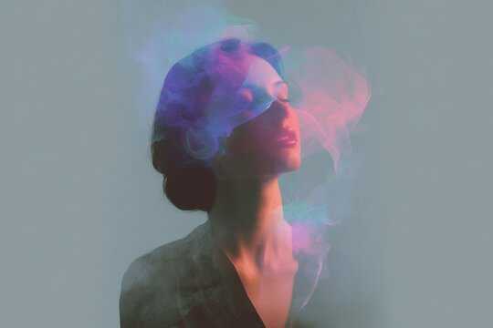 Portrait of woman with neon colored smoke and closed eyes for surreal background and poster design