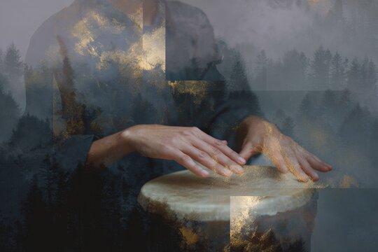 Mystical healer hands playing drum layered with forest double exposure background for spiritual wellness poster and meditation design