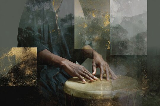 Mystical healer hands playing a drum with forest texture overlay for moody background and ritual banner design