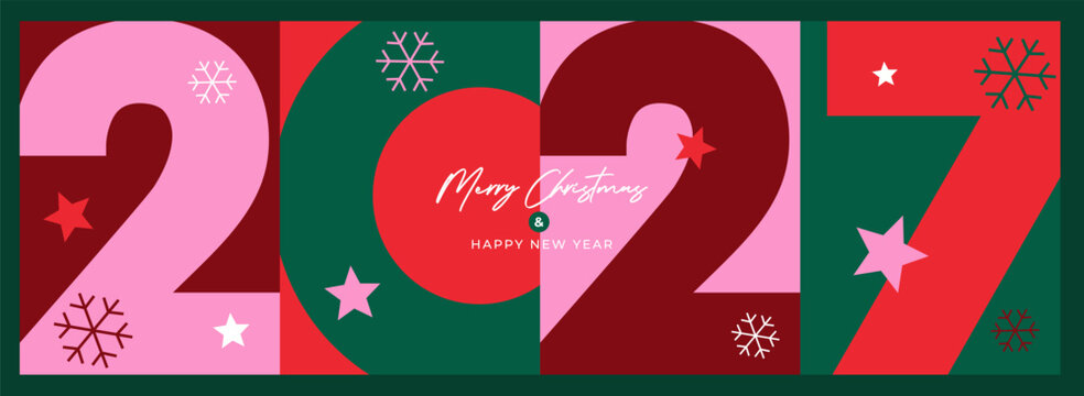 Modern Happy New Year 2027 typography design with bold geometric numbers, stars and snowflakes. Holiday template for branding, greeting cards, posters and social media.