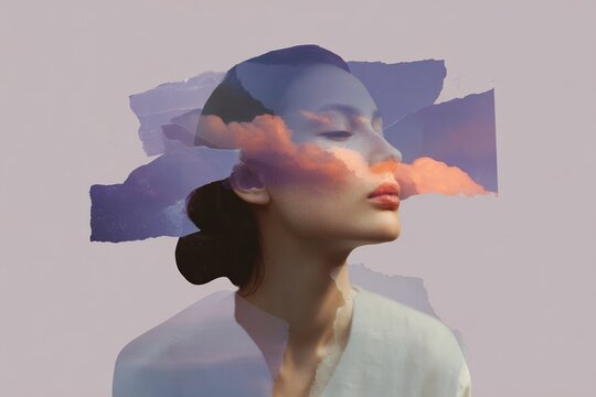Double exposure portrait of a woman breathing clouds with torn paper gradients for minimalist surreal background and editorial poster design
