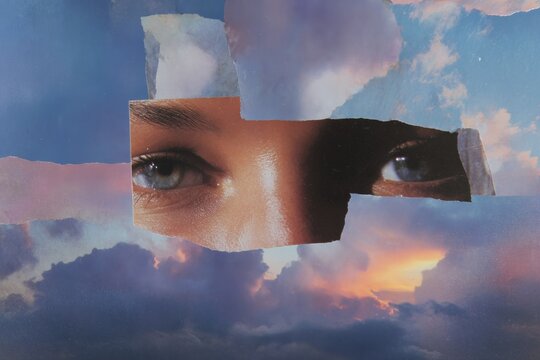 Surreal torn paper collage with female eyes and cloudy sky for dreamy poster and background design