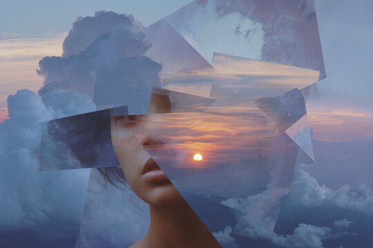 Surreal female portrait double exposure with clouds and sunset fragments for dreamy background and poster design
