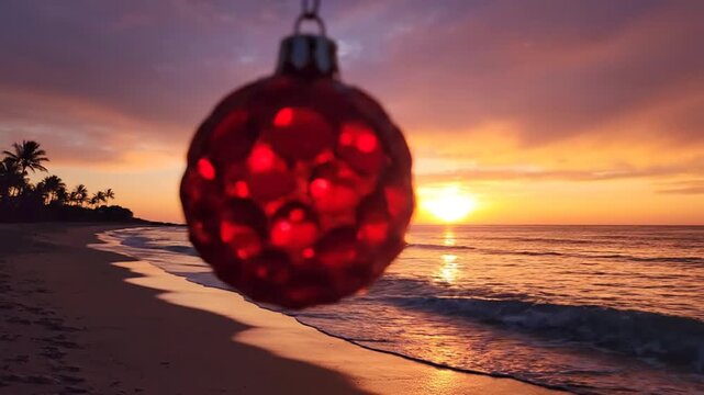 Red Christmas ornament hanging on tropical beach at sunset