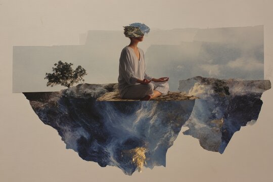 Surreal floating island collage of woman meditating in lotus pose with landscape fragments for meditation poster and background