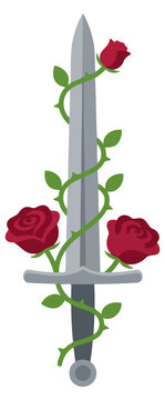 A sharp silver sword wrapped in a thorny vine with three vibrant red roses, symbolizing a blend of danger, beauty, and romantic elegance in a flat vector illustration style