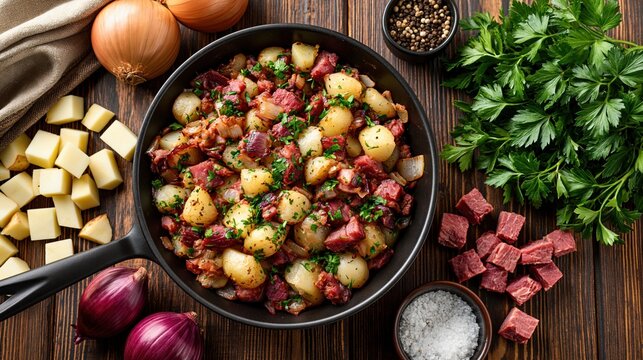 National Corned Beef Hash Day: overhead flat lay photograph of homemade corned beef hash in a black skillet, surrounded by raw ingredients - diced potatoes, onions, corned beef chunks, fresh parsley