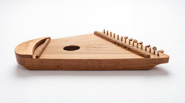 A traditional wooden kantele string instrument isolated on a white background.