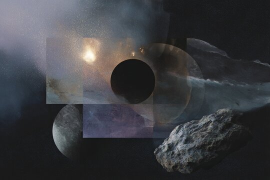 Celestial space collage featuring eclipses planets moon and asteroid elements for cosmic background and poster design