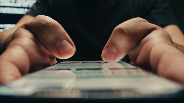 man Fingers Scroll through News Feed in Social Networks on Mobile Phone. Close up woman browsing mobile applications on smartphone. Fingers touch screen. Life in cellphone. online app Internet. Chat