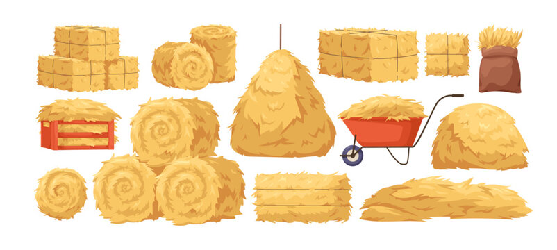 Hay bale, straw bail, haystack. Farm haystack, dry yellow grass bale, stack, pile, straw bundle. Farm hay roll, sack, cart and wheelbarrow. Flat cartoon vector illustrations set isolated on white