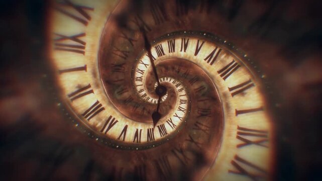 Abstract modern white spiral clock dial with black roman and arabic numerals. Concept of Infinite time, deadline, scheduling, time and space, past, present and future. Seamless loop. 3D Illustration