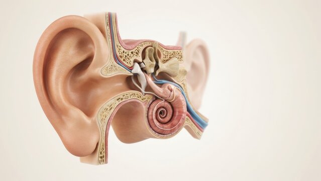 Human ear anatomy 3D medical illustration showing outer middle and inner ear structure with cochlea and auditory nerve