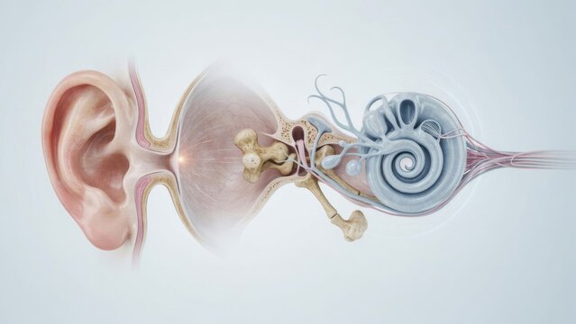 Human ear anatomy 3D medical illustration showing auditory system with cochlea and middle ear bones on white background