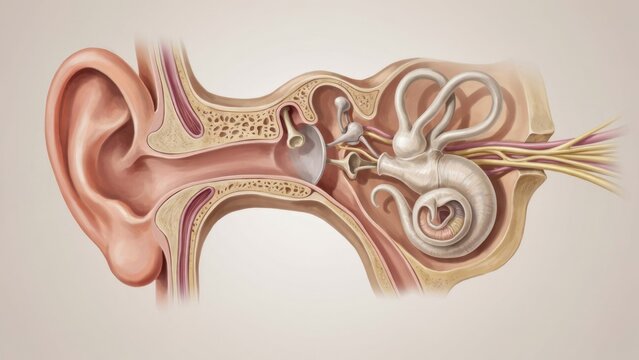 Human ear anatomy 3D medical illustration showing outer middle and inner ear structure with cochlea and auditory nerve