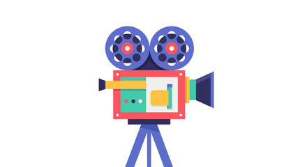 Naklejka premium A vibrant, flat-design illustration of a retro film camera with two large reels on a tripod, set against a clean white background, evoking classic cinema.