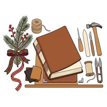 Handmade leather bookbinding kit with Christmas holiday decoration on white background
