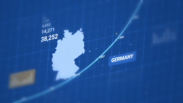 Germany map with a rising growth line, data points, and figures, on a blue infographic background at an angle