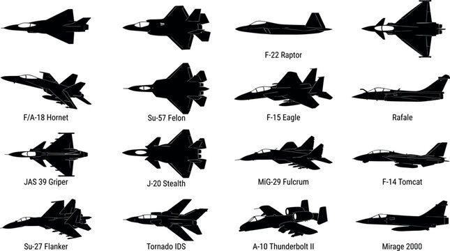 Military Fighter Jets Silhouette Icon Set Featuring Modern Combat Aircraft Vectors Including F-22 Raptor, F-15 Eagle, and Stealth Planes for Aviation Design