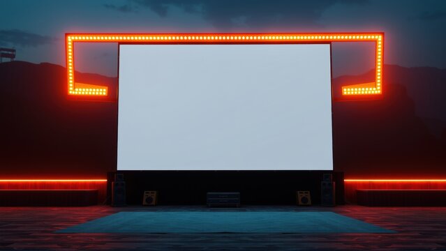 Outdoor cinema screen illuminated. Red lights frame blank display, speakers flank sides. Dark sky provides backdrop, creating dramatic effect.