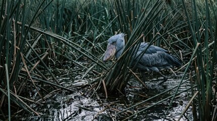 Fototapeta premium Shoebill bird with large distinctive beak wading through dense wetland reeds