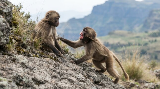 Two gelada monkeys interacting on a rocky Ethiopian mountain slope