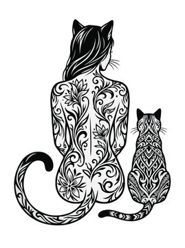 Stylized Black and White Art of Back View Woman with Floral Tattoos Sitting Next to Cat