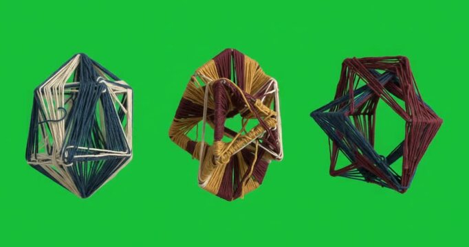 3D abstract thread wrapped geometric polyhedra shapes on green screen background