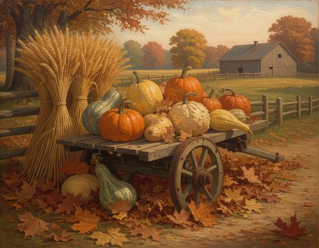 Autumn Harvest Scene with Pumpkins, Gourds and Wheat Bundles &ndash; Warm Golden Sunlight