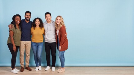 Obraz premium A diverse group of five young adults standing in a row against a light blue background, ad social media download thambnail poster web template event festival 2026 2027 2028