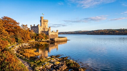 Naklejka premium Ancient Stone Castle on Serene Lake at Autumn Sunset