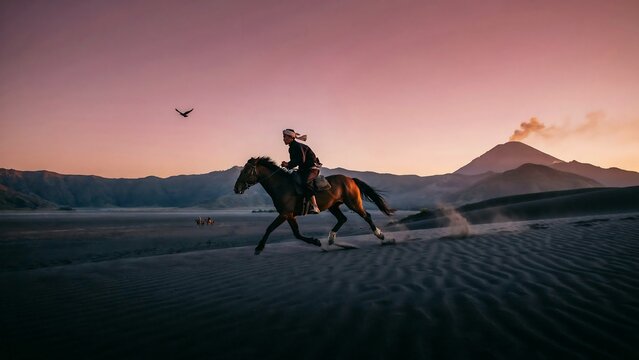 Indonesian tenggerese horseman riding a brown horse across the volcanic sand sea of mount bromo in east java under a beautiful dramatic sunrise sky