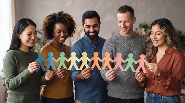 A diverse group of five people standing together and holding a long paper cutout chain of ad social media download thambnail poster web template event festival 2026 2027 2028