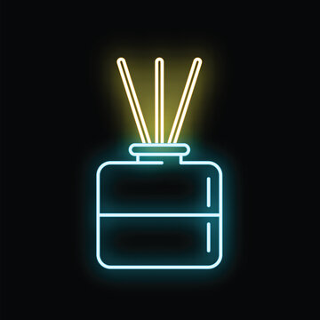 Reed diffuser icon glowing with yellow and turquoise neon light on a dark background