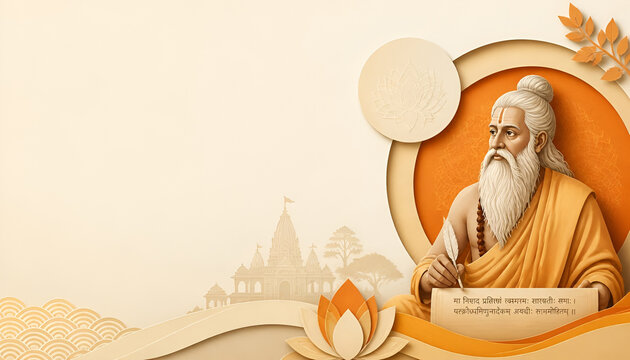 Paper cut art illustration of an ancient indian sage writing with a feather quill scroll against a temple backdrop indian culture layered paper
