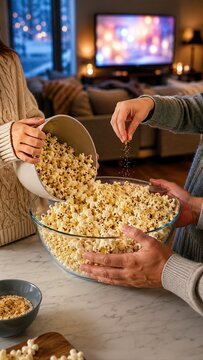 Family Prepares Popcorn for Cozy Winter Movie Night at Home