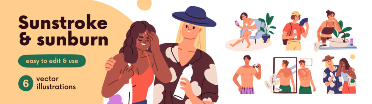 Summer heat, skin sunburn, sunstroke. Sun burn, red body skin, heat stroke. Sunscreen protection in hot summer weather. Dehydration, sweat, sunstroke and sunburn. Flat vector illustrations set