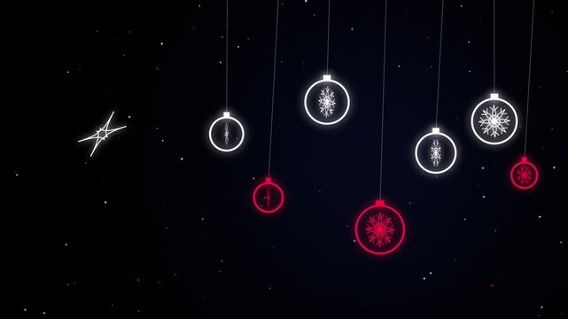 Glowing red and white neon Christmas baubles with snowflakes swinging on a dark starry background. Festive holiday decoration motion graphics loop with copy space.