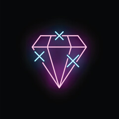 Fototapeta premium Neon diamond icon glowing with pink and blue light on a dark background