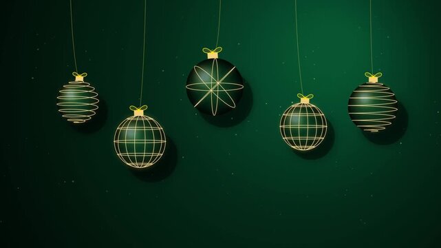Premium 3D festive ornaments on a dark green background with golden dust. Merry Christmas and Happy New Year celebration motion graphics.
