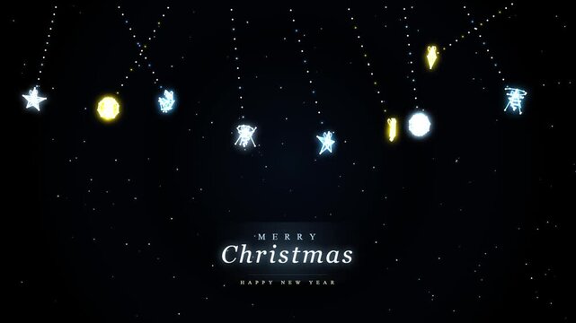 Glowing neon Christmas ornaments swinging on strings with Merry Christmas and Happy New Year text. Festive starry night background loop.