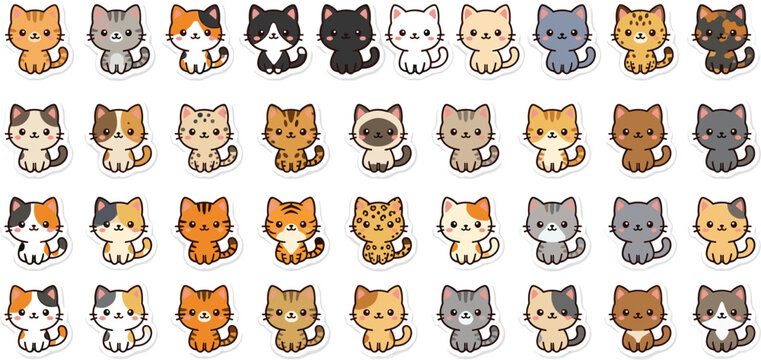 Cute kawaii cats sticker collection set with various feline breeds colors patterns ginger calico tabby vector illustration isolated on white background