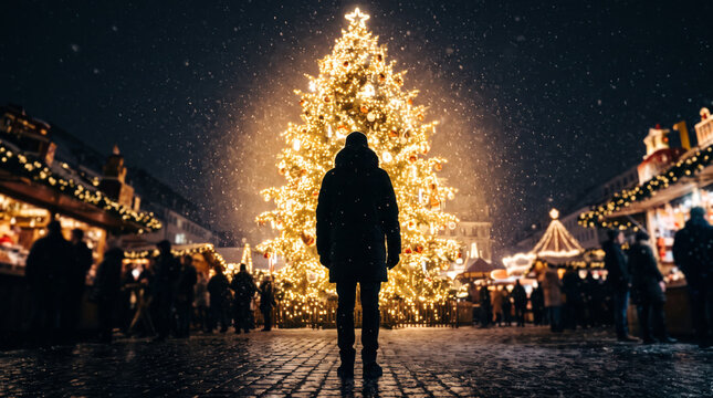 Silhouette of a man standing and admiring a giant glowing Christmas tree at a magical night market square. Winter solitude and holiday wonder concept.
