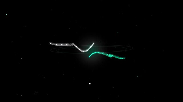 Abstract glowing cyan and white wavy ribbons orbiting a bright central core. Futuristic cosmic energy and digital DNA data stream motion graphics loop.