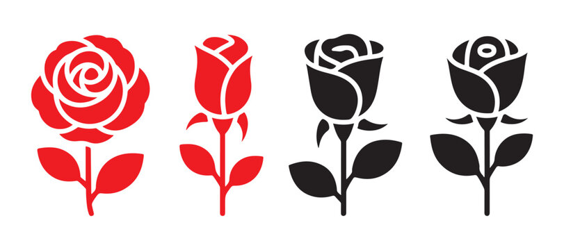 Minimalist red and black rose flower stencil icons collection for romantic Valentine card design.