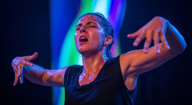 Woman dancing expression illuminated stage