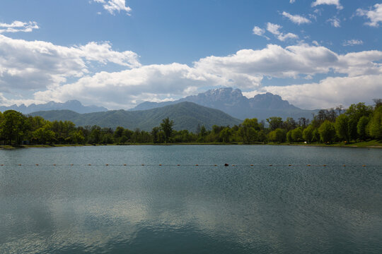View of the lake in the city park of Vladikavkaz