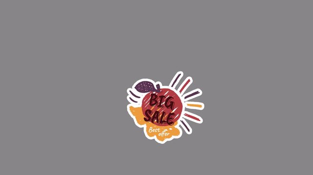Decorative sticker label revealing big sale text. Badge with apple shape and best offer sign. Retail marketing design element for seasonal discount event