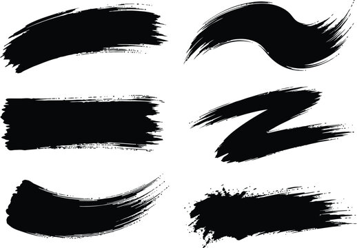 Diverse collection of black grunge brushes paint strokes and artistic elements for creative digital design projects